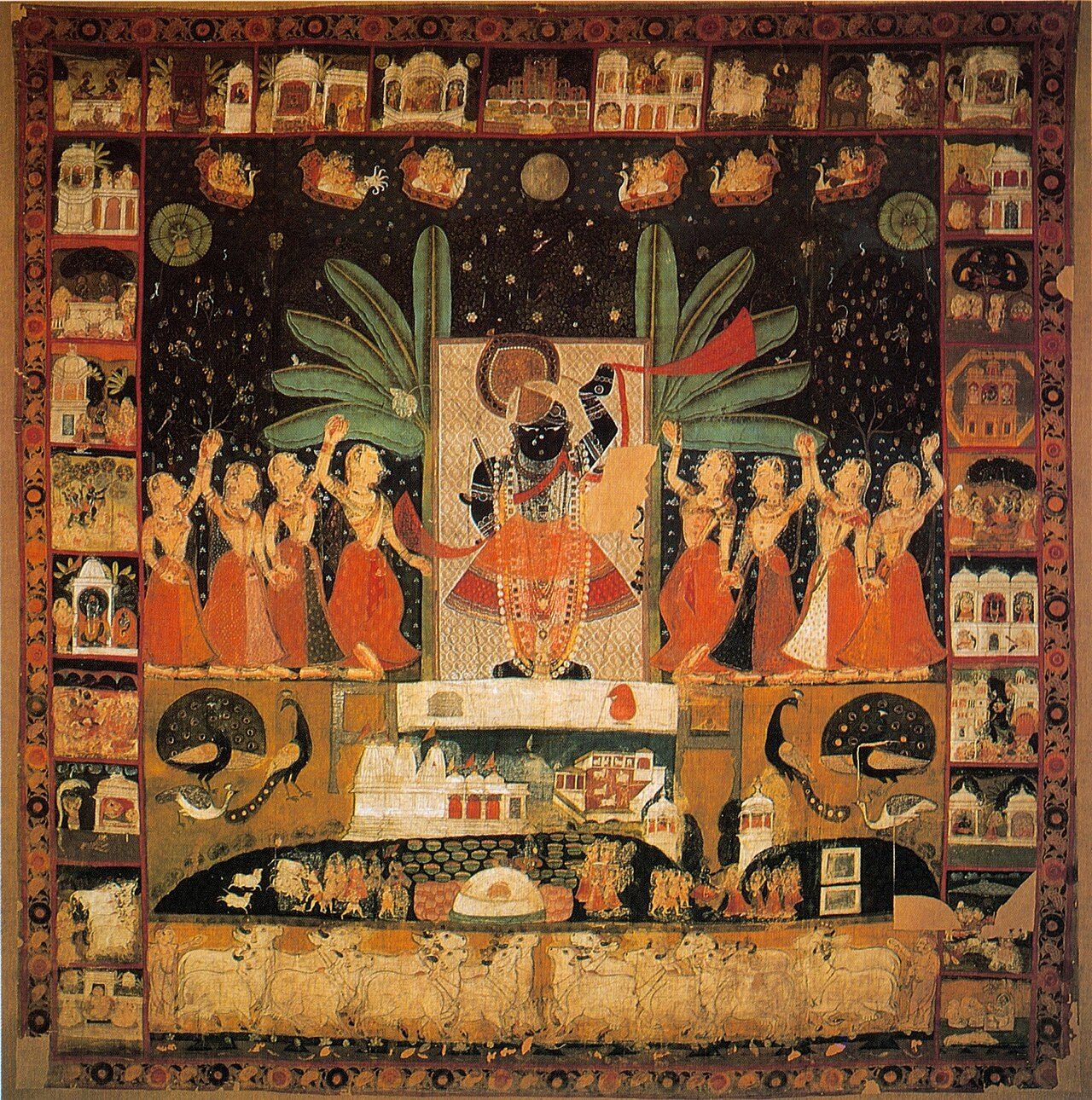 Krishna (Shrinathji) and the Dancing Gopis. Pichhavai from the Temple of Nathdvara, Rajasthan, 19 sent. Staatlische Museen, Berlin.