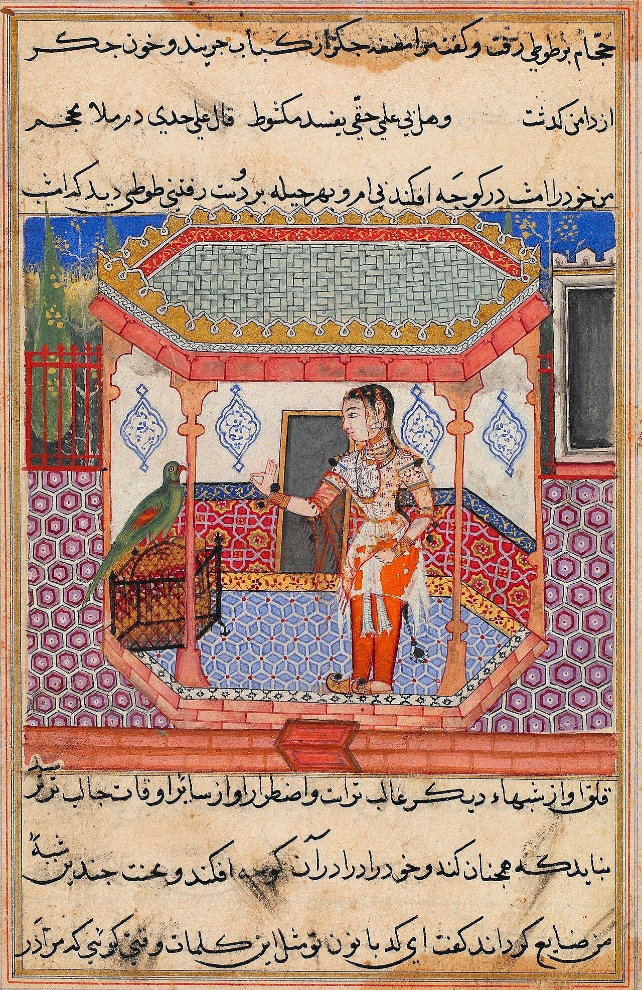 Parrot addressing Khojasta in Tutinama (Tales of a parrot), commisioned by Akbar , Mughal dynasty, c1556-1565. Reign of Emperor Akbar, India. Opaque watercolor and gold on paper.