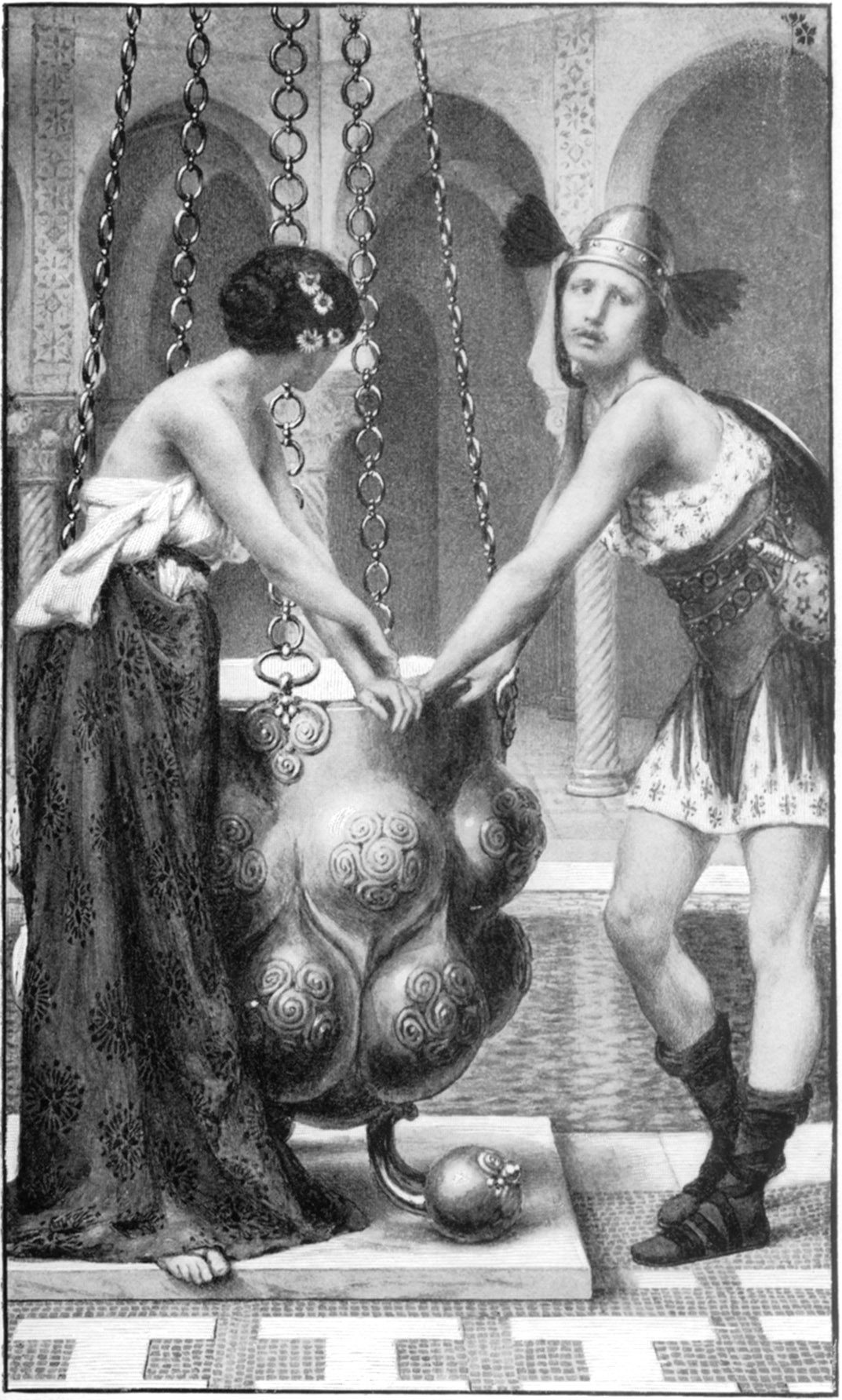 "The hands of Pryderi and Rhiannon were held fast by the enchanted bowl, and their feet by the enchanted slab; and their joyousness forsook them, and they could not utter a word."