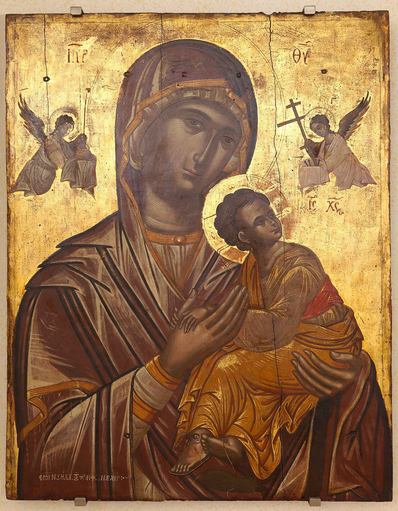 Virgin of the Passion (Panagía tou Páthous) late 16th-early 17th century, 66.5x83.3cm. Emmanuel Tzanfournaris "M(iti)R Th(eo)Y, I(esou)C ChristoC" The icon shows the Virgin Mary up to the waist holding Christ with her left hand. Christ leans towards her and rests with both hands…