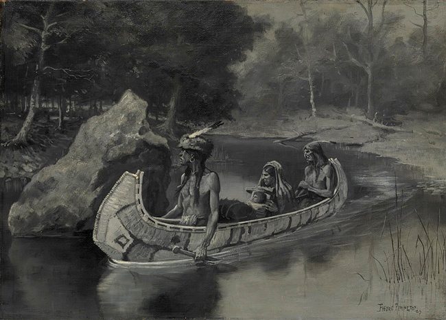 One of a series of 22 grisailes in oil made by Frederic Remington for the photogravure edition of "The Song if Hiawatha" published in 1890. This has been titled "Hiawatha's Friends", Metropolitan Museum of Art