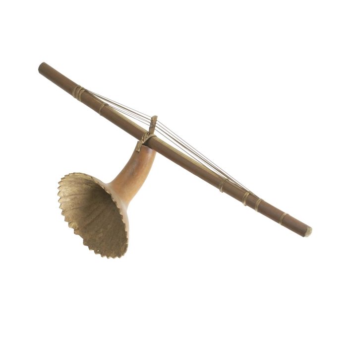 Deze stokciter bestaat uit een rechte stok gemaakt van de hoofdnerf van een palmbladsoort. Er zijn 3 snaren van de palmhuid afgeschild, die in het midden door een houten kam worden opgehouden. Hoewel dit instrument meestal als een harp-citer wordt geclassificeerd, is het…