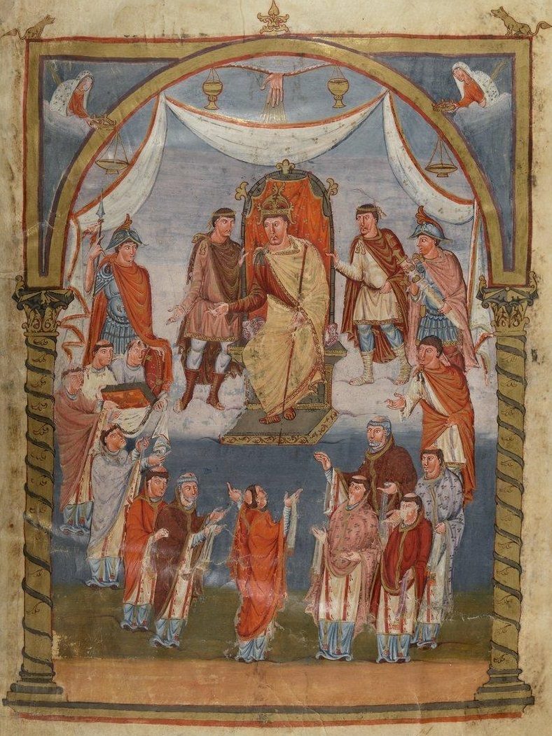 Charles the Bald welcomes monks from Tours who bring the Vivian Bible which includes this miniature. Bibliothèque Nationale, Paris