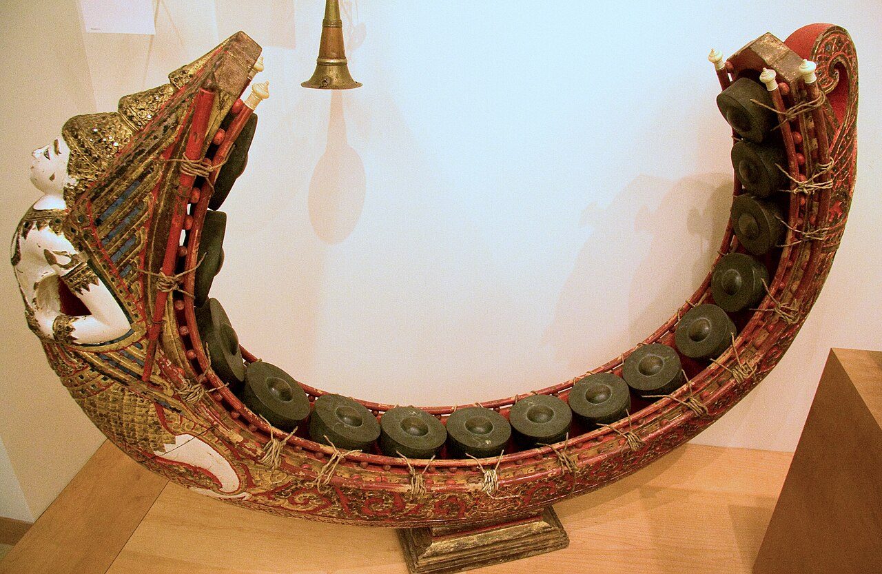 Instrument of Cambodia and Thailand. A type of gong chime. This particular example is at the Museum of Musical Instruments in Phoenix, Arizona.