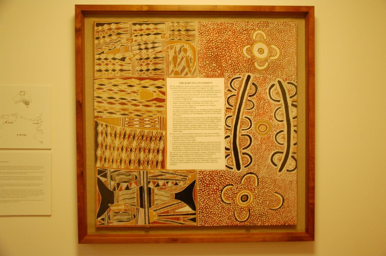 Photograph of the Barunga Statement — originally given to Prime Minister Bob Hawke by Aboriginal rights activists Galarrwuy Yunupingu and Wenten Rubuntjain 1988 — on display in Parliament House, Canberra in June 2012