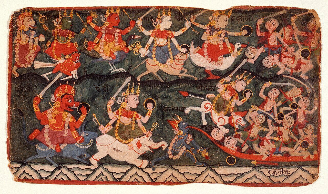 The Goddess Ambika Leading the Eight Mother Goddesses in Battle Against the Demon Raktabija, Folio from a Devimahatmya (Glory of the Goddess), early 18th century