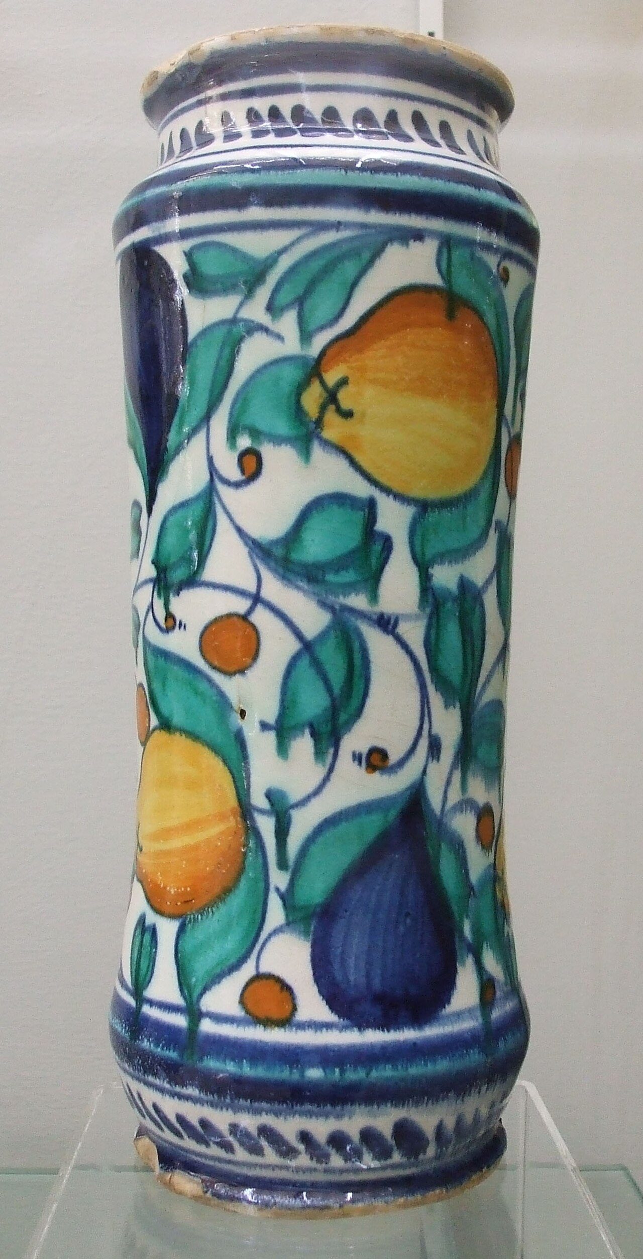 Italian maiolica albarello. Approx 30cm high. Venice or Castel Durante. 16th century. Burrell Collection . Licensing Photo: Vase: