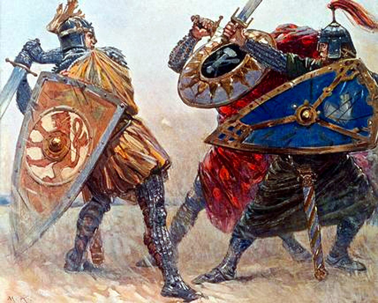Alphart in his famous last battle, after defeated 50 of Ermenrich's men. Wittich and Heime dishonourably fight him two-on-one, after Wittich had already been defeated. Heime came to his rescue. Alphart was eventually stabbed in the back and died. When they took off his helmet,…