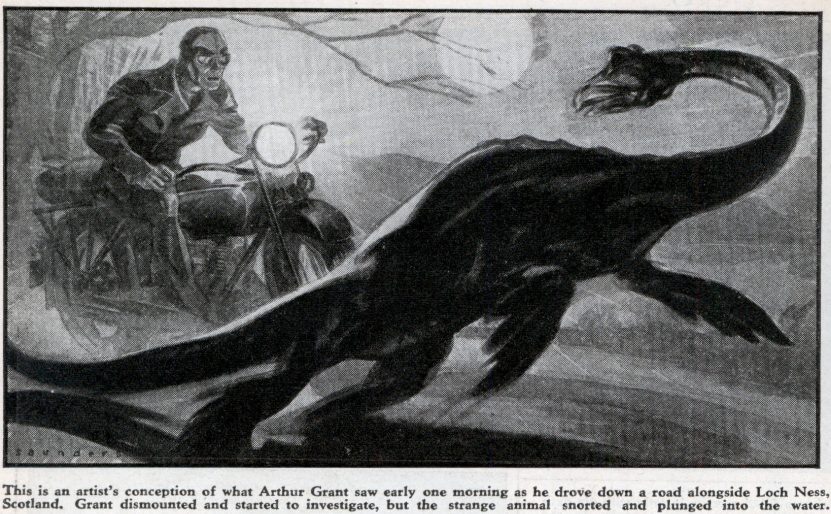 Illustration of the alleged sighting of Loch Ness monster by Arthur Grant in January 1934.