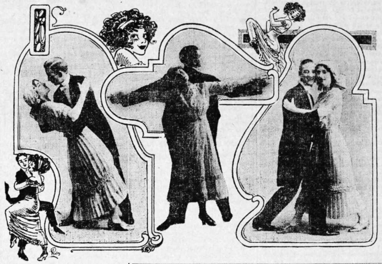 Illustration of an article about the Texas Tommy dance from The Salt Lake Tribune in 1912. The image caption in the newspaper reads: Six of the "Texas Tommyers" at Orpheum Next Week.