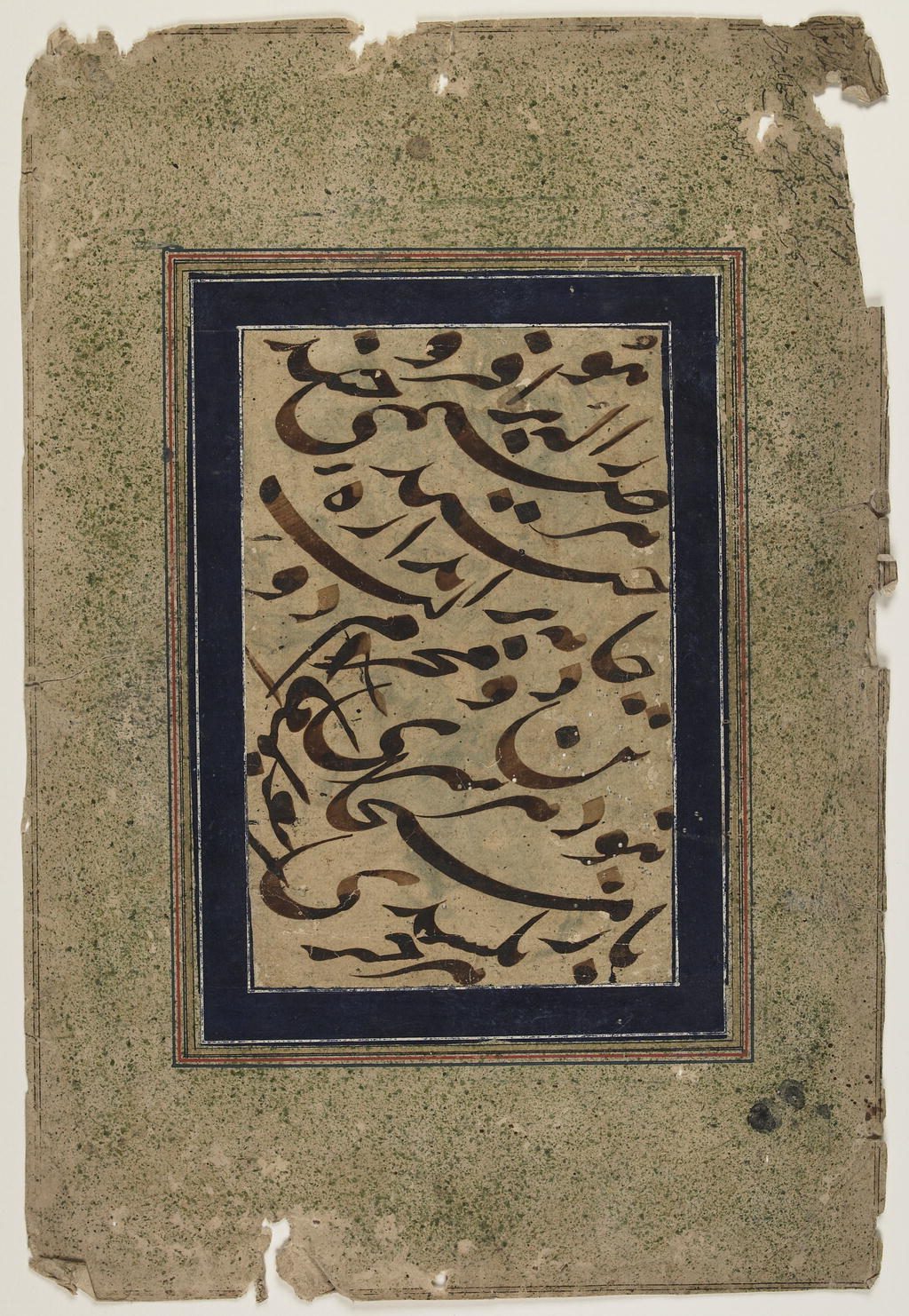 This calligraphic fragment includes several verses from Nizami's (d. 614/1218) "Divan" (Compendium of Poems). Script: nasta'liq. The composition, which recalls a number of Safavid calligraphic exercises (siyah mashq) in its formal make-up and calligraphic style, must have been…