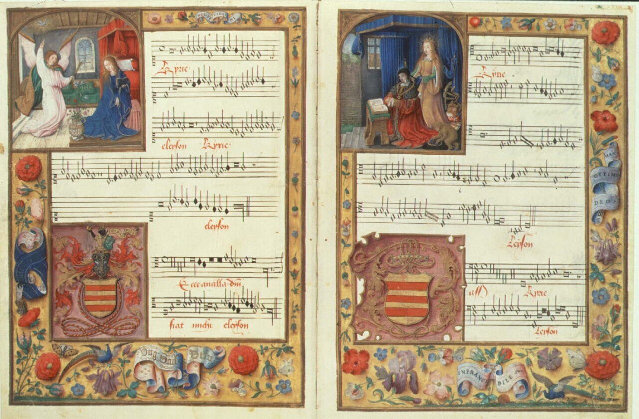 Manuscript page of "Kyrie" from the "Missa Ecce ancilla Domini" by Johannes Ockeghem , from the Chigi Codex (Chig. C. VIII 234, music09, NB.03, ff.19v–20r), late 15th century. Vatican Library.