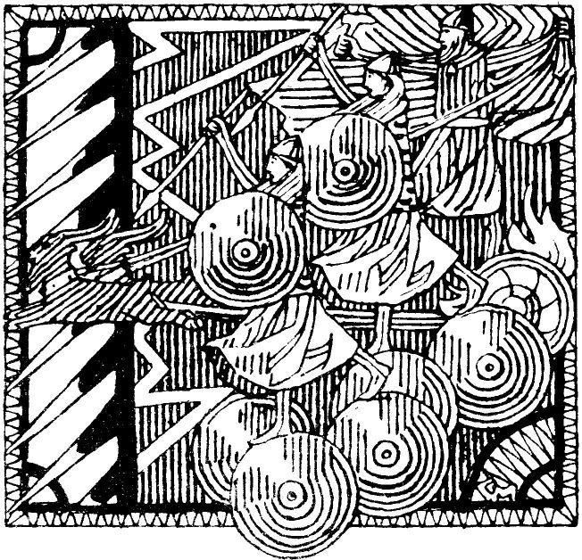 Gerhard Munthe: Illustration for Olav Tryggvasons saga. Snorre 1899-edition. «Uværet, Hjørungavåg»