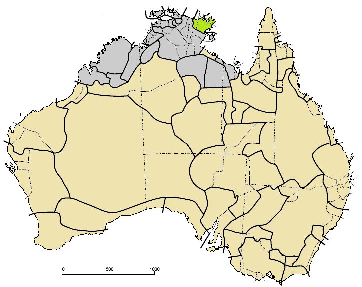 Yolŋu languages (green) among other Pama–Nyungan (tan)