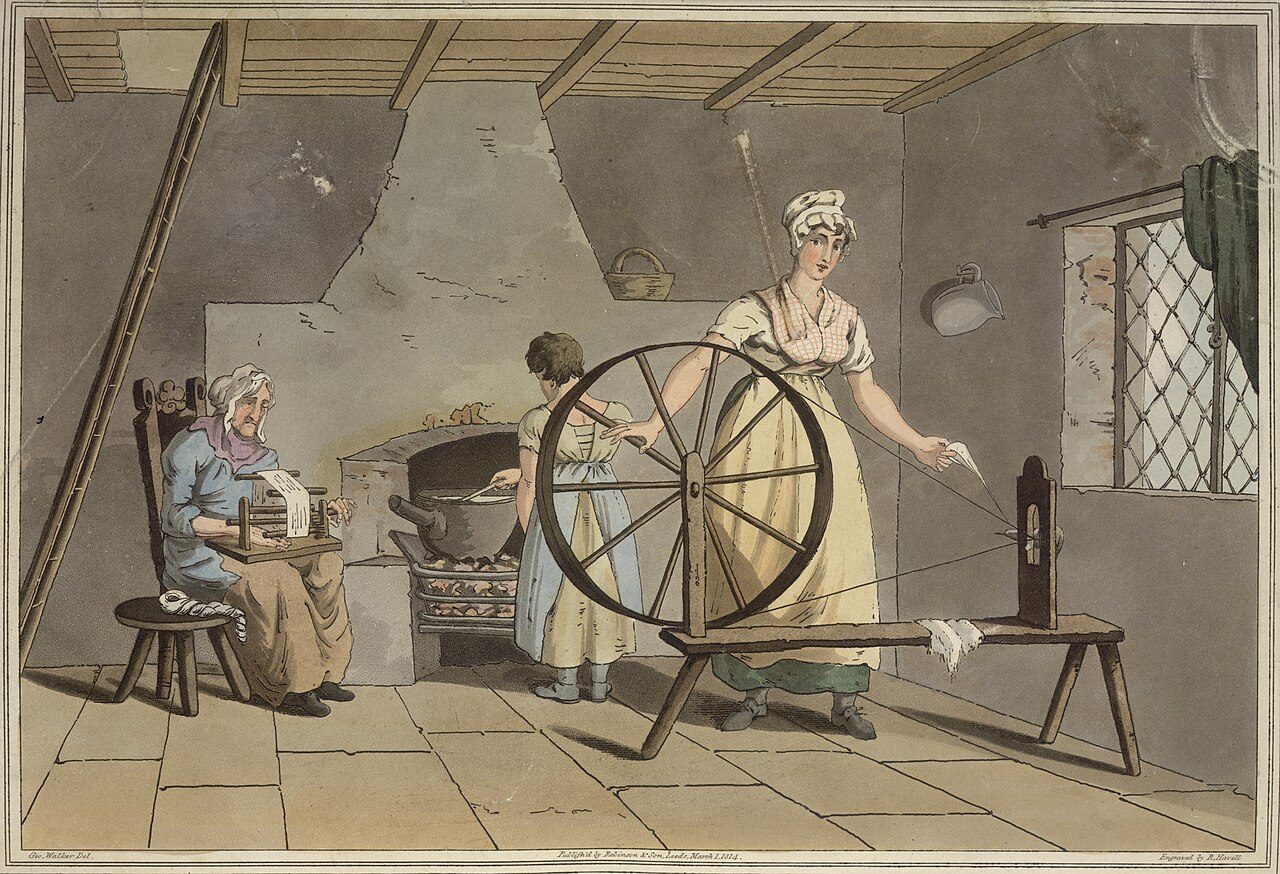 Spinning and carding wool A woman spinning and carding wool.