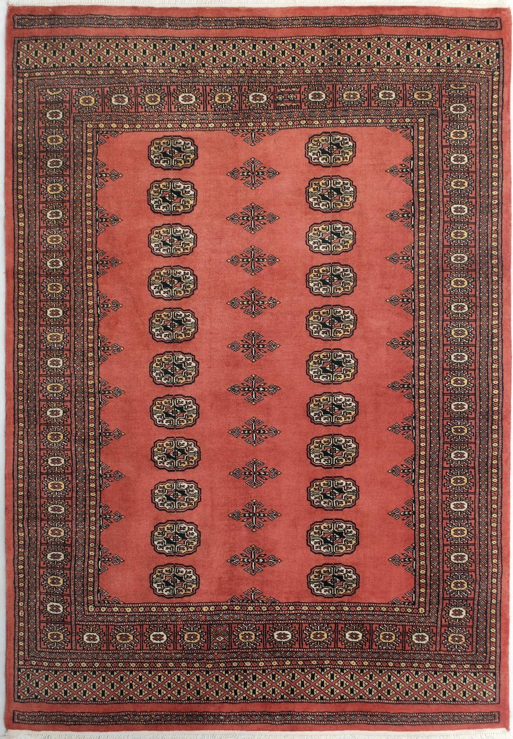 A handmade Bokhara rug woven in Pakistan