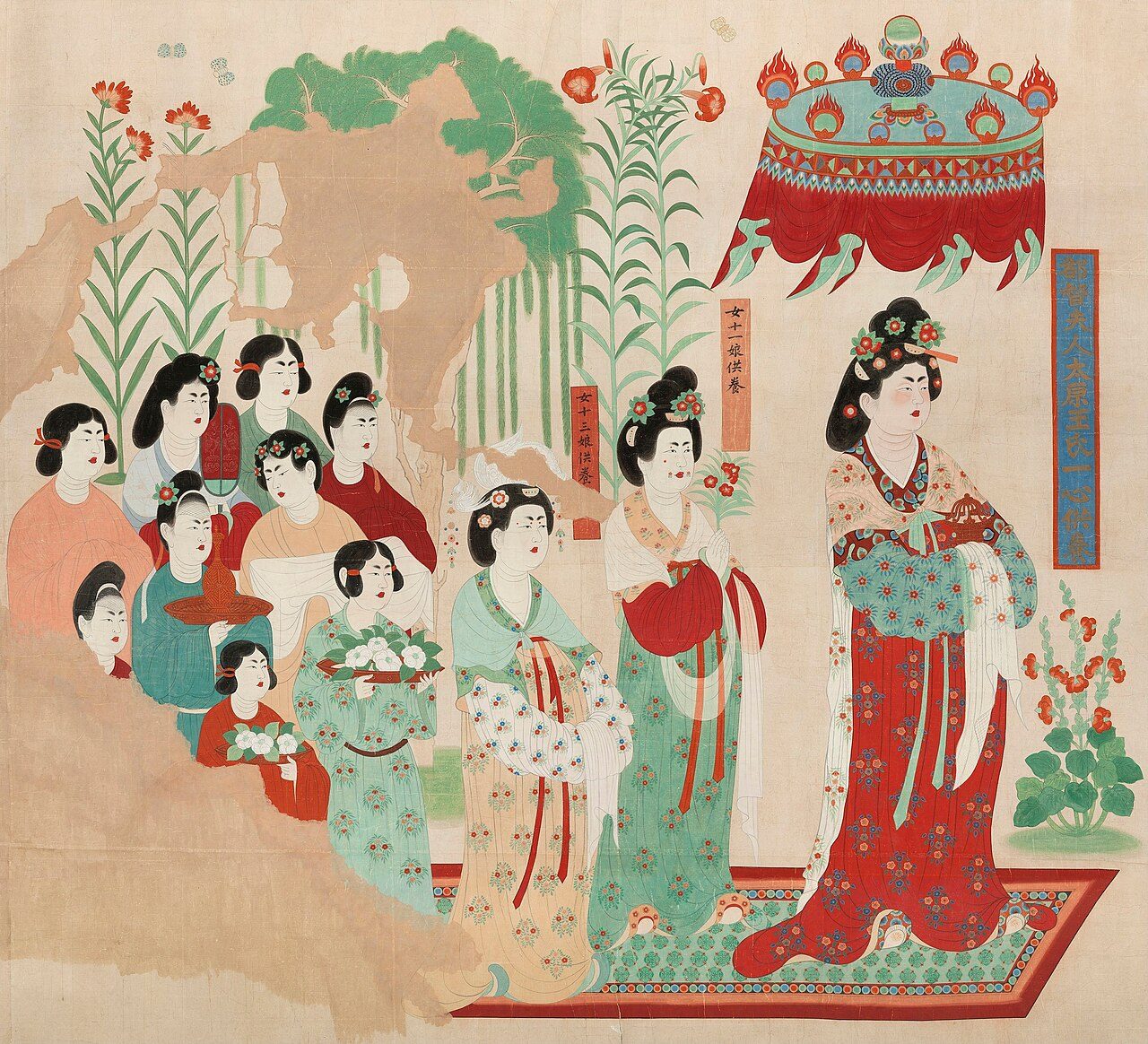 標題: 都督夫人禮佛圖 建立者: 段文杰臨摹 建立日期: High Tang dynasty 位置: 莫高窟第130窟