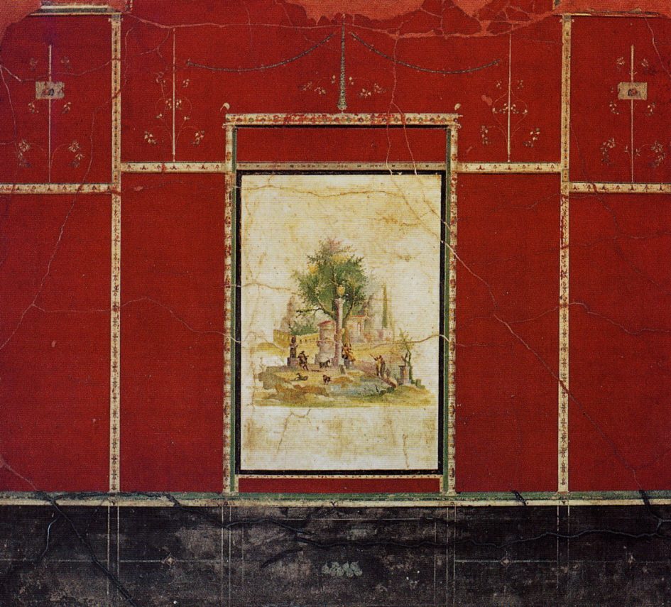 Museo Archeologico Nazionale di Napoli (inv. nr. 147501). Da Boscotrecase , Villa di Agrippa Postumo. Parete in III Stile pompeiano con paesaggio idillico-sacrale.