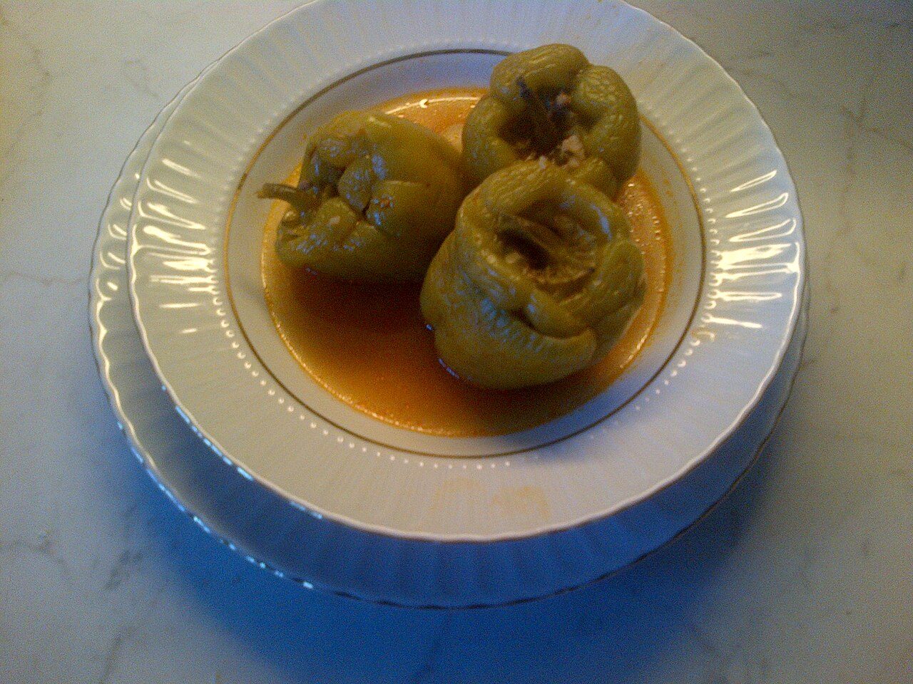 Etli biber dolma (green bell peppers stuffed with minced meat) from the Turkish cuisine .