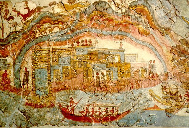 fresco from the bronze age excavation of Akrotiri, Santorini, Greece. This image shows a cycladic town and boats in its harbour.