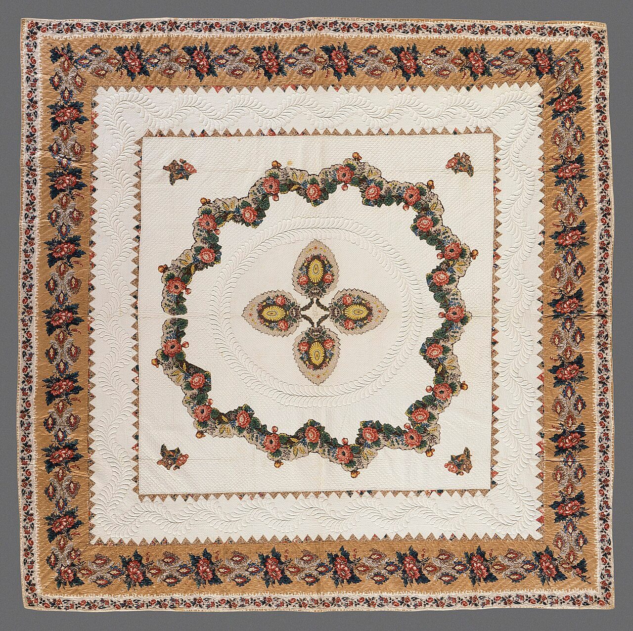 United States, 1846 Textiles; quilts Cotton and glazed chintz, pieced, quilted, stuffed and appliquéd in 'broderie perse' technique Purchased with funds provided by Philip and Colleen Kirst (M.87.125) Costume and Textiles