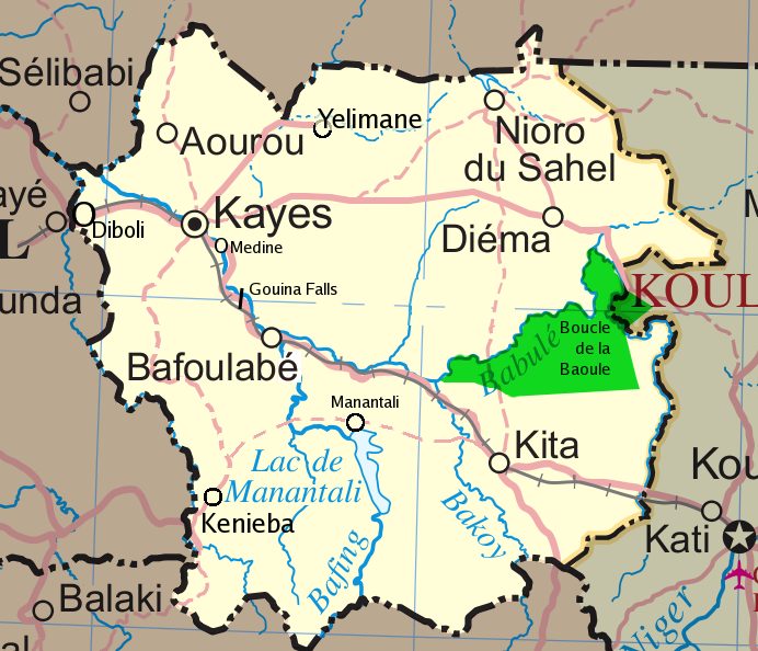 Map of the Kayes Region of Mali. Additions include new northern road via Diema, several towns, downgrade of road (in fact unpaved) from Kayes to Kenieba. Solid pink lines are paved, dashed are unpaved. Addition of National park of Boucle du Baoule. Ref: Ross Velton. Mali. Bradt…