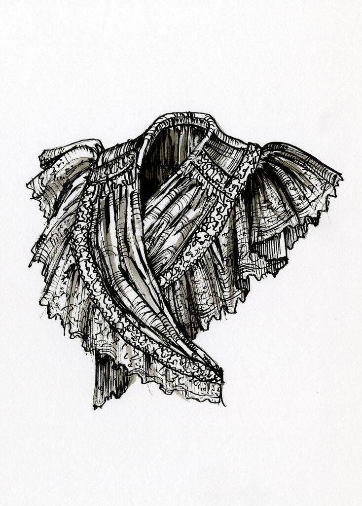 The description of the concept in this drawing is: Women's scarves of some light fabric, often white and sheer, draped around the neck and shoulders and tied in a knot with ends hanging loosely. (AAT)