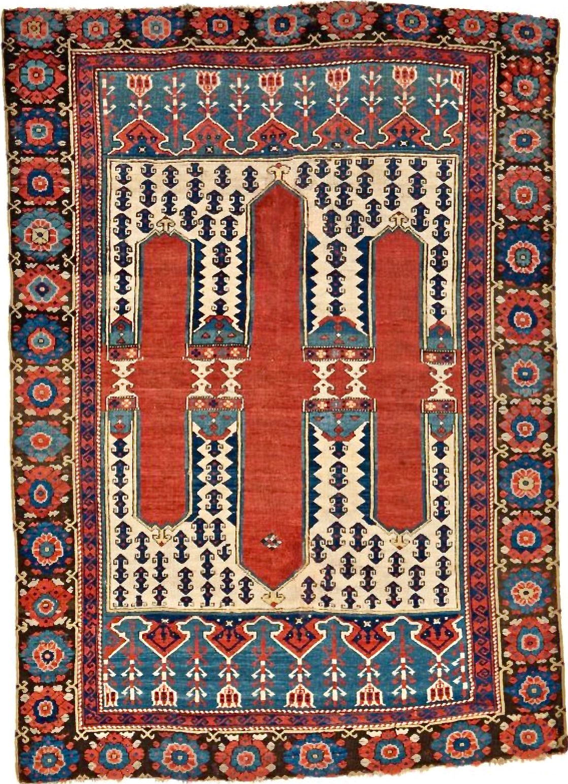 Bergama Rug West Anatolia, first half 18th century 219 x 162 cm (7’ 2” x 5’ 4”) Condition: very good according to age, corroded brown, outer side border missing, pile low in places, some old repairs Warp: wool, weft: wool, pile: wool This rare and unusual west Anatolian…