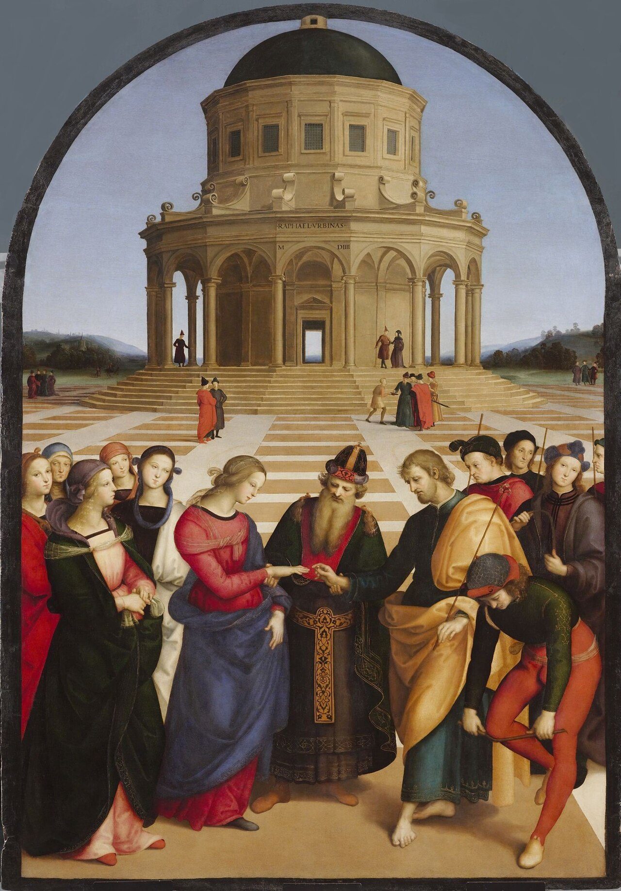 Spozalizio (The Engagement of the Virgin Mary). Oil on the roundheaded panel, 170 x 117 cm. Pinacoteca di Brera, Milan