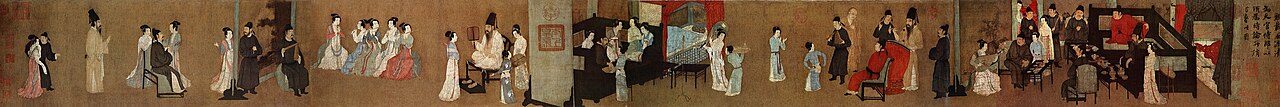 Full version (stitched) of the Chinese painting Night Revels of Han Xizai, handscroll, ink and colors on silk, 28.7 x 335.5 cm. Original by Gu Hongzhong (10th century), 12th century remake from the Song Dynasty. Collection of the Palace Museum in Beijing. (slight color…