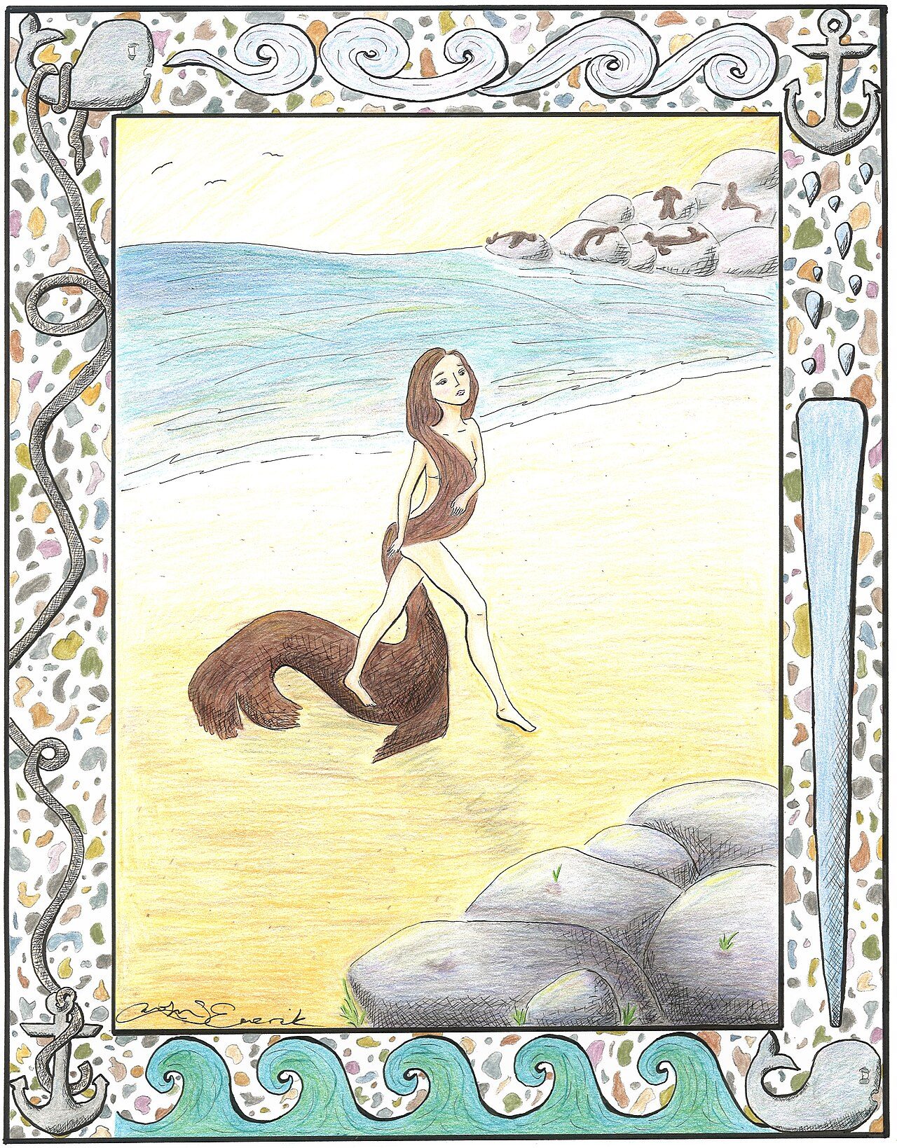 An illustration depicting a Selkie, the seal-woman of Celtic and Norse myth, originally drawn to accompany an article called "Women of the Sea, Muses of the Ages" by Carolyn Emerick in Celtic Guide Vol. 2 Issue 9 (www.CelticGuide.com)