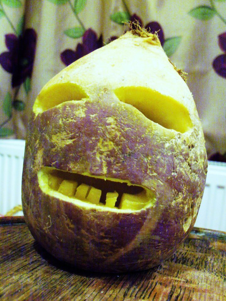 Traditional Cornish Jack-o'-Lantern made from a turnip.