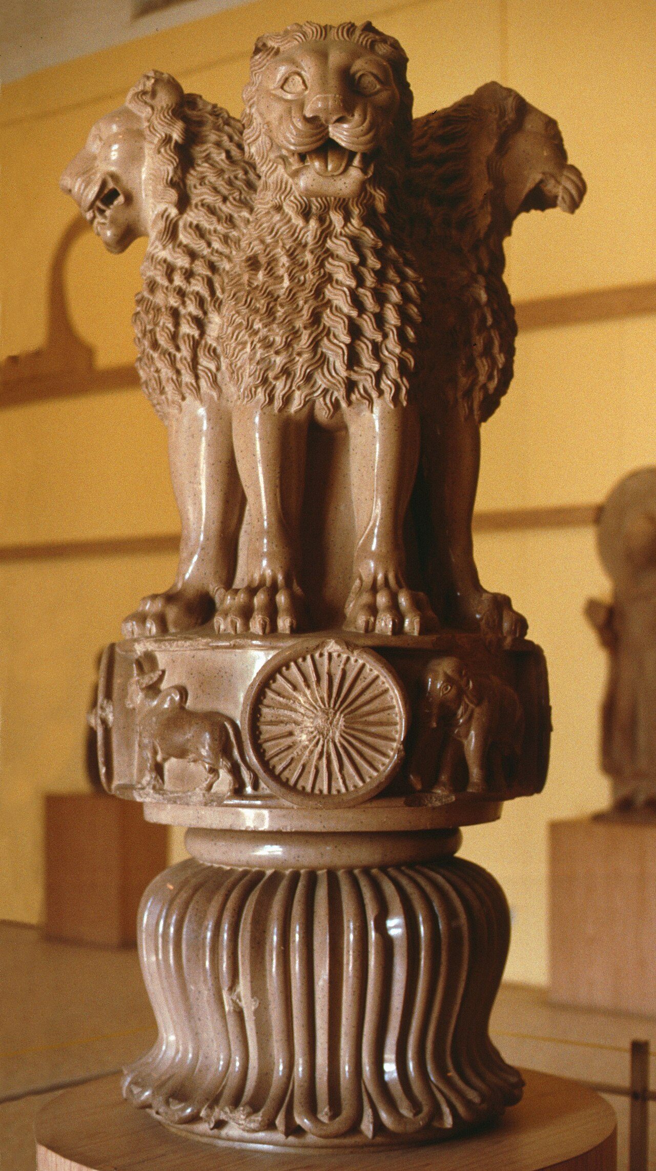Sarnath Lion Capital, Mauryan period, circa 250 BCE. The capital in 1905 at the time of discovery (different photographic angle).