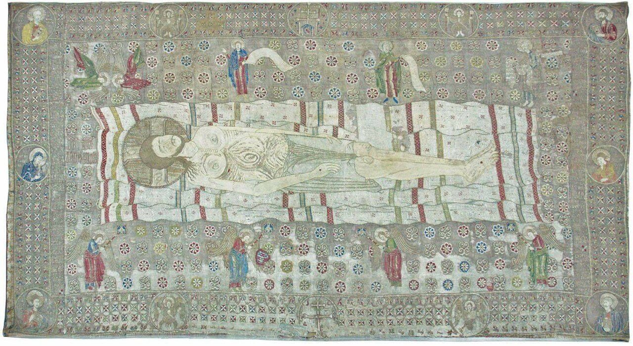 The 14th-century epitaph that was written on a shroud embroidered by monk Savia and commissioned by Gjergj Arianiti.
