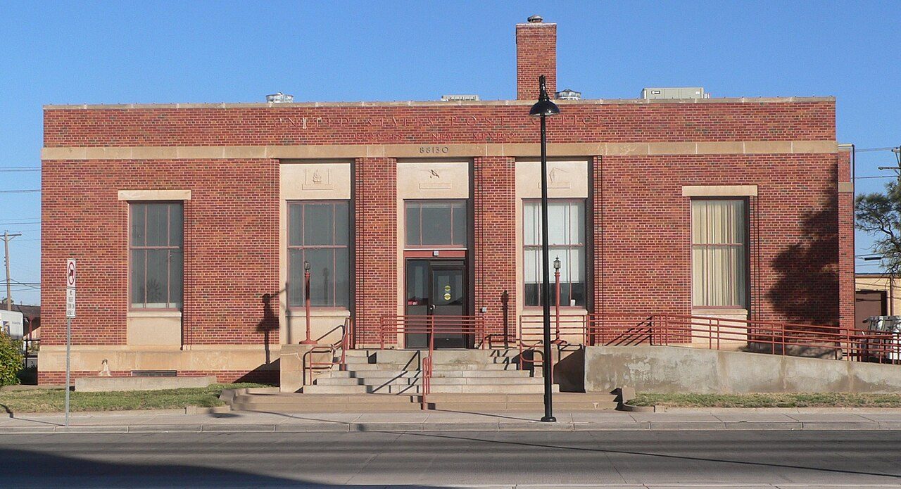 Post office at north corner of First Street and Avenue A in Portales, New Mexico; seen from the southeast, across First.