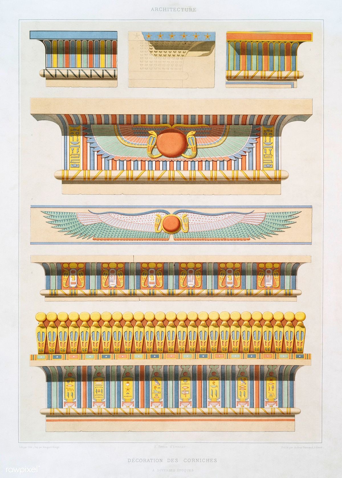 Illustrations of various examples of ancient Egyptian cornices