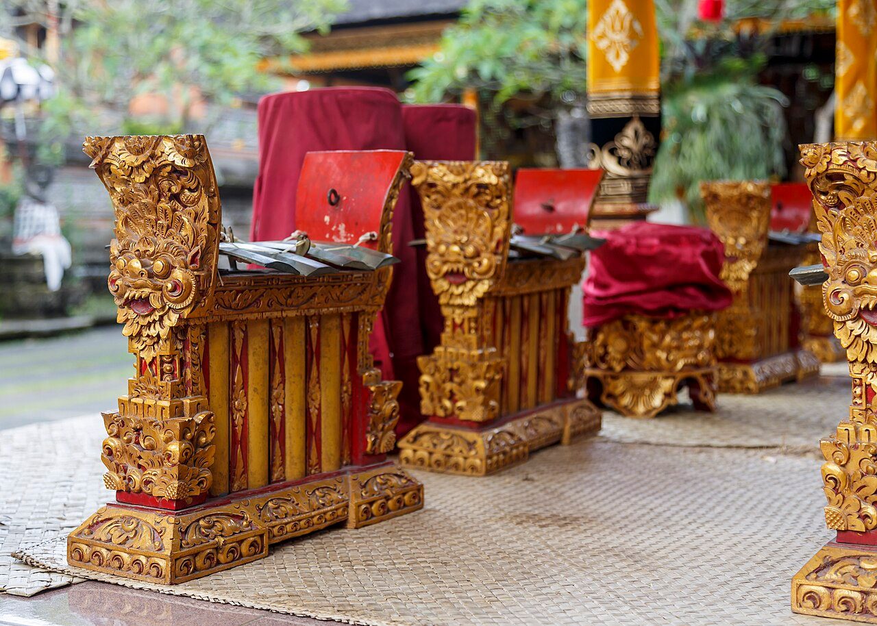 Ubud, Bali, Indonesia: The rich wood carving of a "Gangsa" among other instruments of a traditional indonesian orchestra at Pura Dalem Puri.