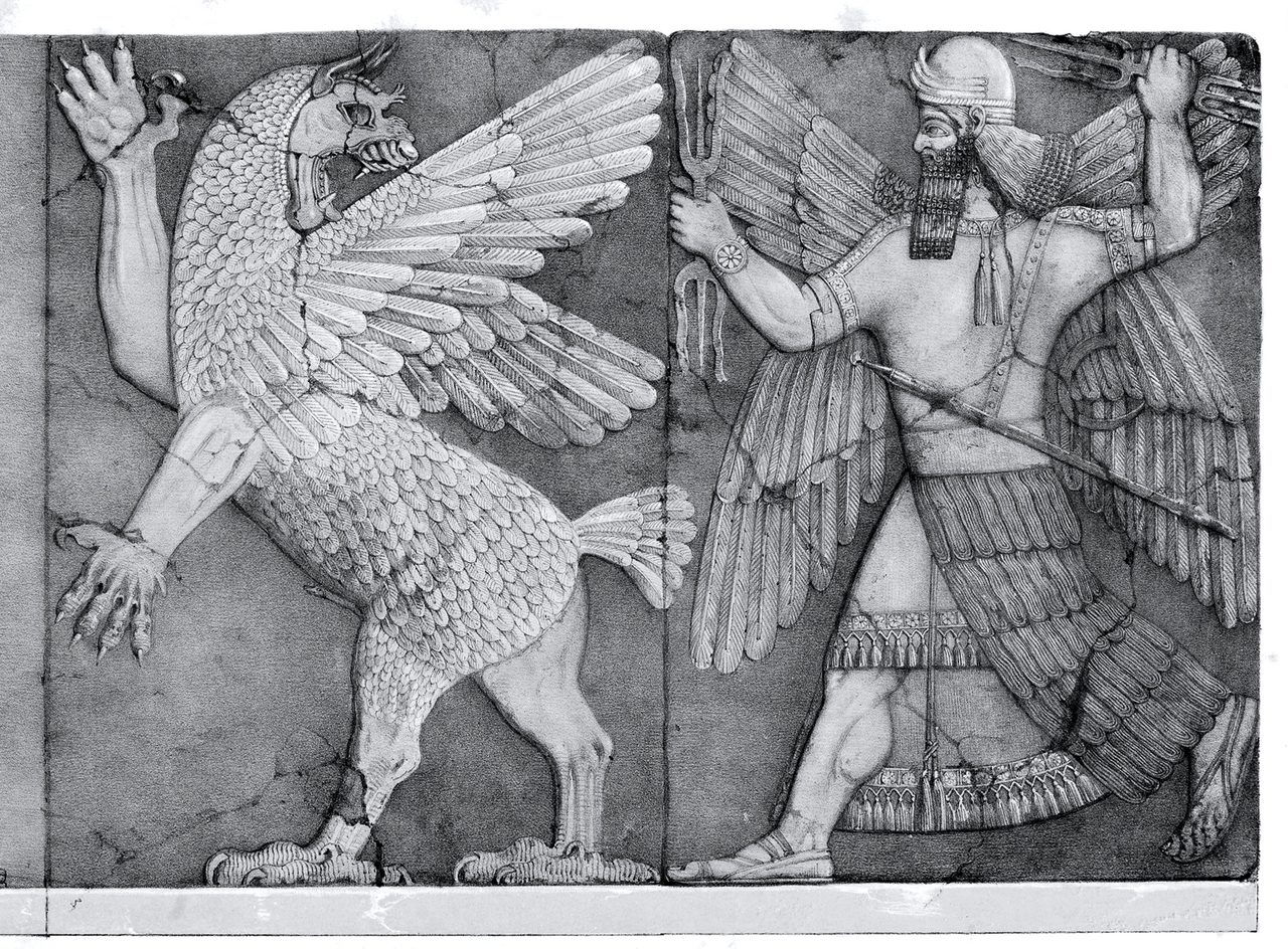 Black and white crop of full engraving plate scan - from Plate 5 of the work "A second series of the monuments of Nineveh: including bas-reliefs from the Palace of Sennacherib and bronzes from the ruins of Nimroud ; from drawings made on the spot, during a second expedition to…