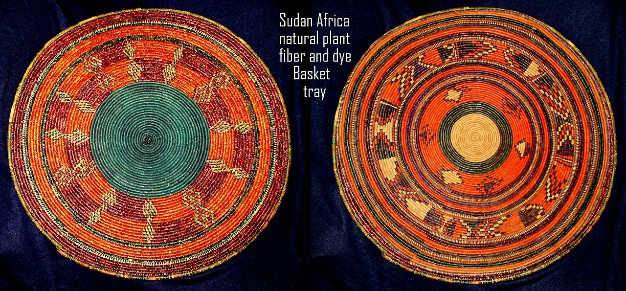 SUDAN basket -tray ,tabar of weaved natural plant fibre, coloured in different colours