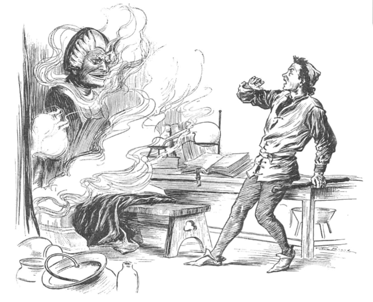 Roger Bacon 's supposed assistant Miles confronted by the Brazen Head