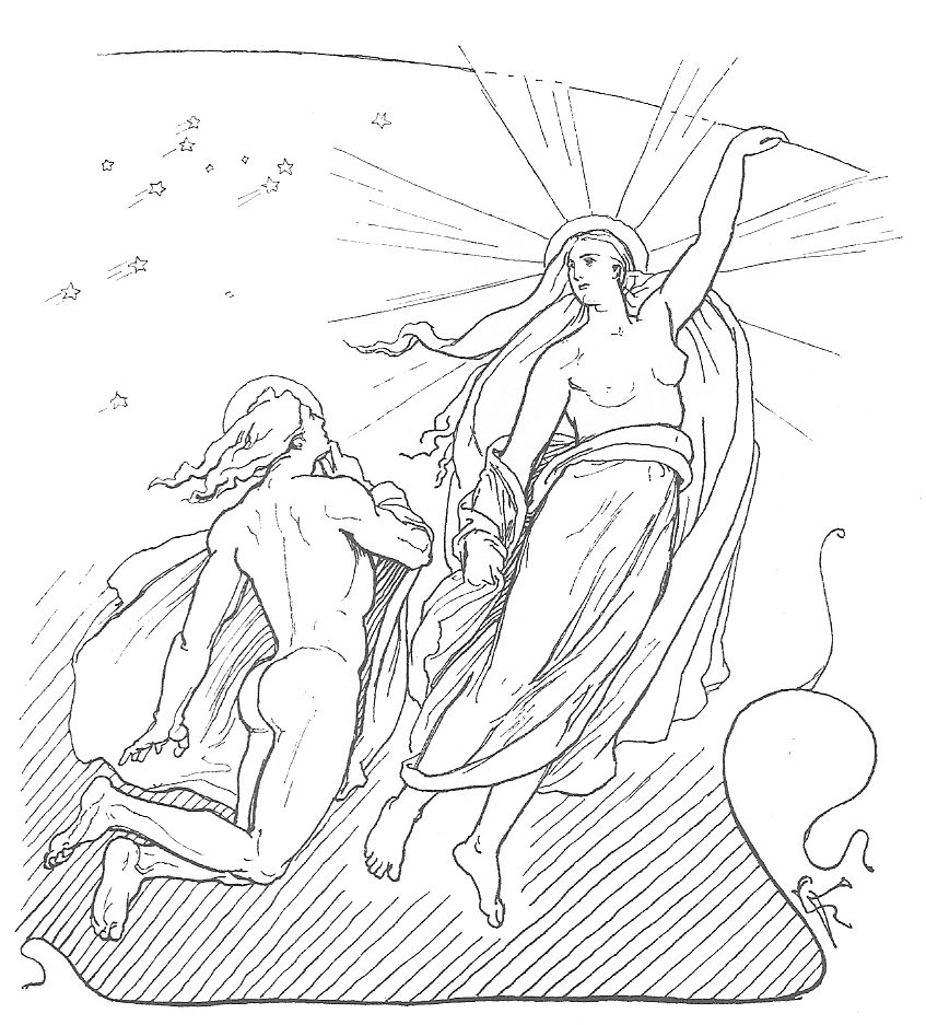 A depiction of the god Máni and the goddess Sól (1895) by Lorenz Frølich. Title not given in work.