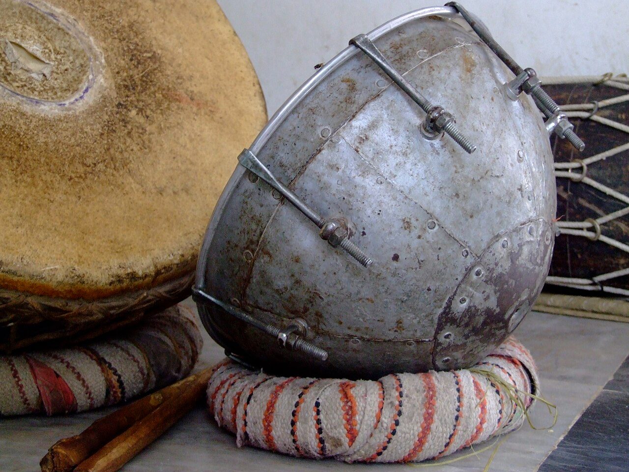Dukar-Tikar, from Nagara genre, are kettledrums which accompany shehnai , an Indian woodwind instrument. Pushkar, Rajasthan.
