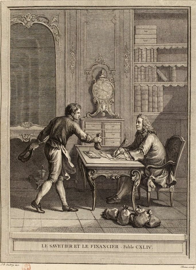 Gravure réalisée par Pierre Chenu d'après un dessin de Jean-Baptiste Oudry représentant la fable Le savetier et le financier de Jean de La Fontaine (fable 2 du livre VIII). Cette gravure est parue dans l'édition complète des fables de La Fontaine, parue en quatre tomes chez…
