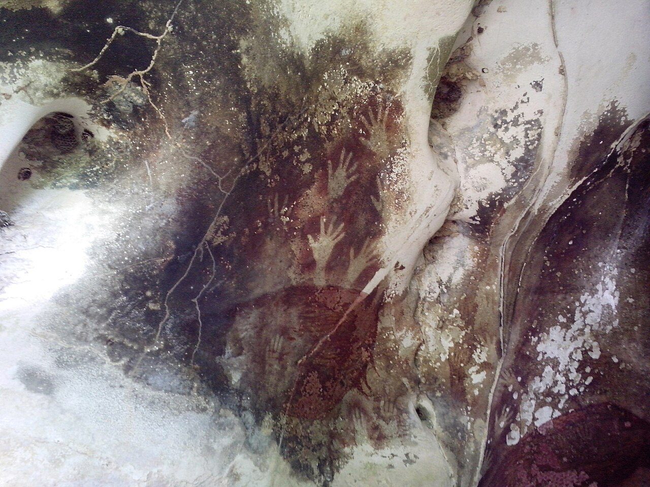 Hand prints in Pettakere Cave at Leang-Leang Prehistoric Site, Maros.