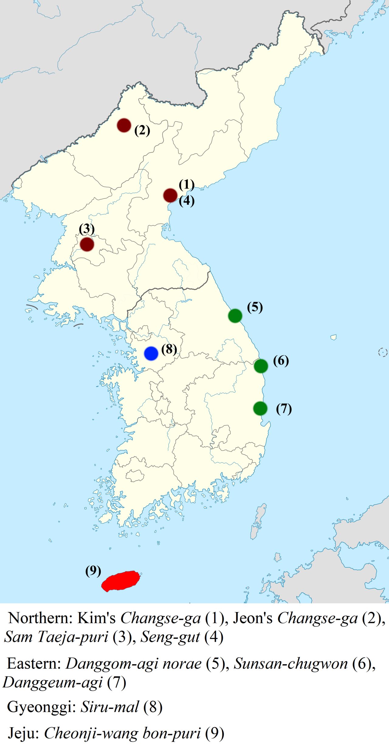 Map of all known Korean creation narratives per Han'guk-ui Changse Sinhwa , Kim Heonsun 1994. Unfortunately, no new mainland narrative was discovered since 1994. Jeju is all red because the tradition is still alive there. Source file for base image on Commons.