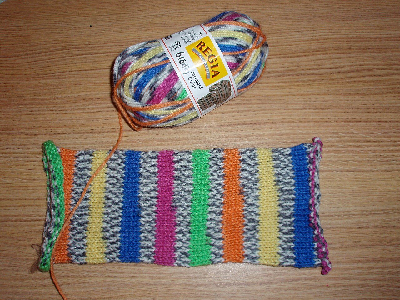 a picture of the self-striping capabilities of some yarns