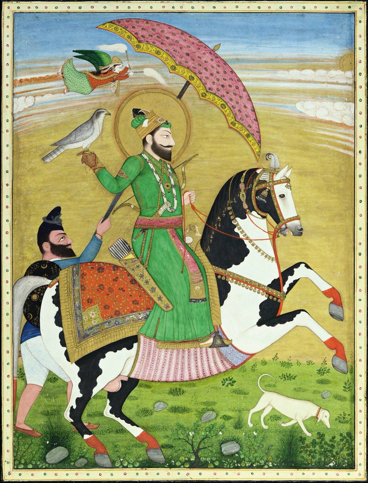 Equestrian portrait of Guru Gobind Singh attended upon by a Nihang carrying a parasol. Punjab Plains. Kulwant Bahra collection. A hunting dog can be seen in the bottom right and a Devi (female goddess) can be seen in the top left, which may represent divine grace or protection.…