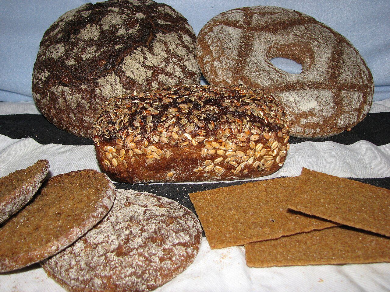 5 of the main types of rye bread available in Finland. From top to bottom/left to right: Ruislimppu, reikäleipä, rye loaf, reissumies (a variant of perhaps the most common type of rye bread in modern Finland) and hapankorppu.