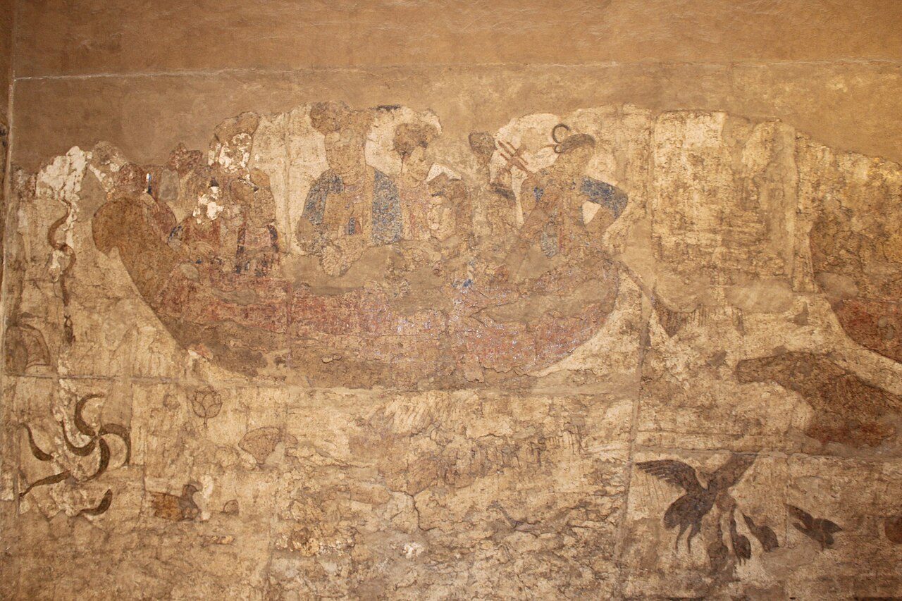 Afrasiab - details from The Ambassadors' Painting 1 - Northern wall.- Chinese boat