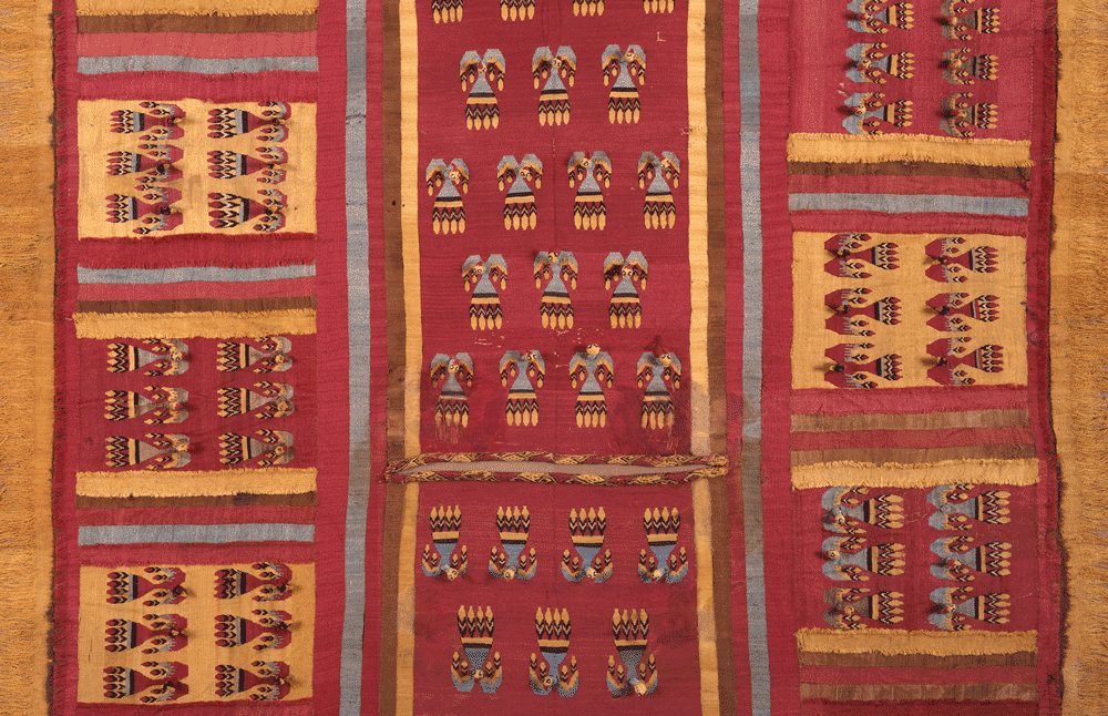 Sleeved Tunic with Flying Condors (detail), Chancay culture, Central Coast, A.D. 1200–1400. Plain warp and weft tapestry weave with looped stitching; cotton and camelid wool, 52 1/4 × 48 3/8 × 2 1/4 in. (132.7 × 122.9 × 5.7 cm). Private collection, exhibited at Yale University…